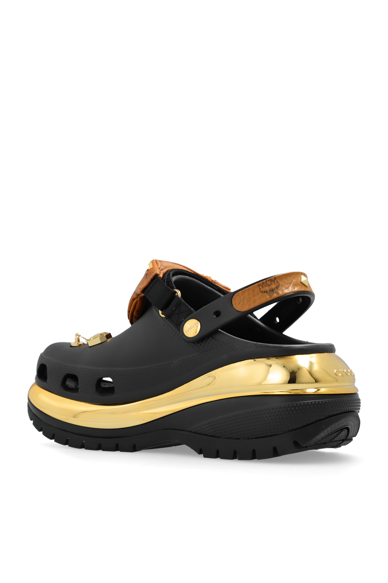 Mcm black discount and gold crocs